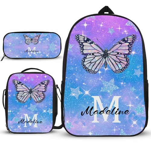 Schulranzen-Set | individueller Name | Attraktiver Schulrucksack | Teenager-Rucksäcke für Mädchen | 3-teilig mit Umhängetasche und Federmäppchen | Geschenk für 1 Jahr, Farbenfrohes Muster, Rucksack, von Generisch