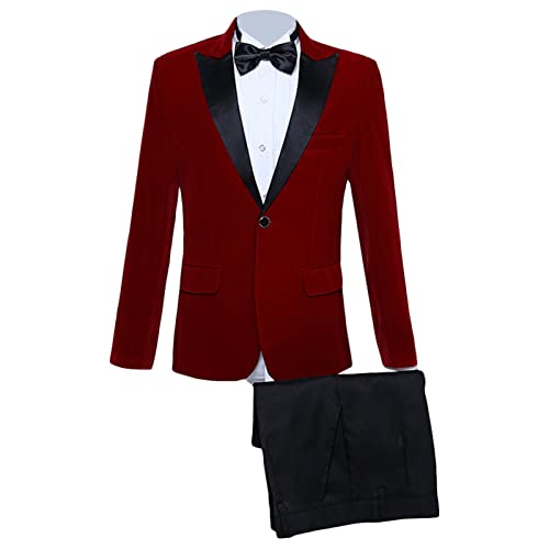 Slim Fit 2 teiliges Anzug Set für Herren Smoking Anzüge mit Spitzem Revers und Einem Knopf Party Dinner Jacken Sets aus Festem Samt mit Hosen und Krawatten (Rot,L) von Generisch