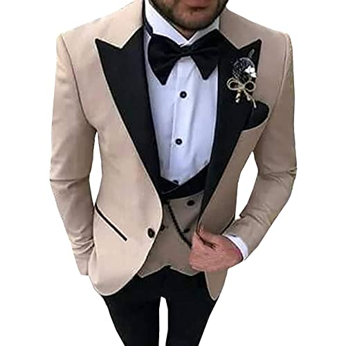 Slim Fit 3 Teiliges Anzug Set für Herren Smoking Anzüge mit Spitzem Revers und Einem Knopf Stilvolle Solid Party Dinner Jacket Vest & Pants Sets (Light Khaki,5XL) von Generisch