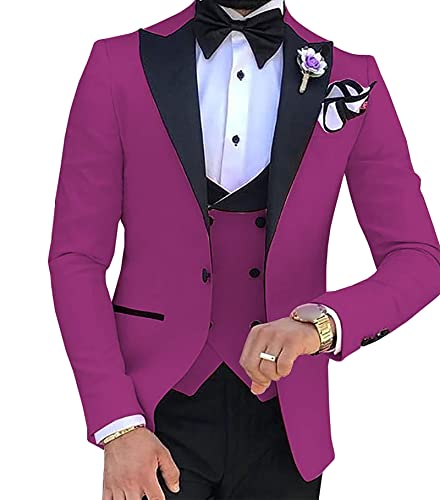 Slim Fit 3 Teiliges Anzug Set für Herren Smoking Anzüge mit Spitzem Revers und Einem Knopf Stilvolle Solid Party Dinner Jacket Vest & Pants Sets (Rot 2,4XL) von Generisch