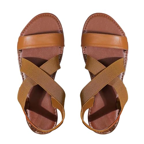 Sommer-Sandalen mit flacher Sohle für Damen, Retro, römisch, offener Zehenbereich, elastisch, Kreuzriemen, runder Kopf, Knöchelstütze, Strandpantoffel, niedriger Absatz, bequemer Fußraum für von Generisch