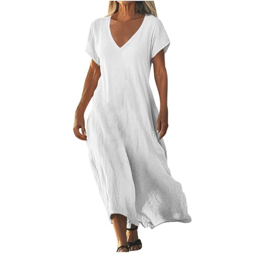 Sommerkleid Damen Leinen Kleider Casual V-Ausschnitt Maxikleid Kurzarm A-Linie Kleid Strandkleid Elegant Boho Freizeitkleid Baumwolle Leinenkleid Große Größen Hohe Taille Sommerkleid Damen Leinen Kleider Casual V-Ausschnitt Maxikleid Kurzarm A-Linie Kleid Strandkleid Elegant Boho Freizeitkleid Baumwolle Leinenkleid Große Größen Hohe Taille von Generisch