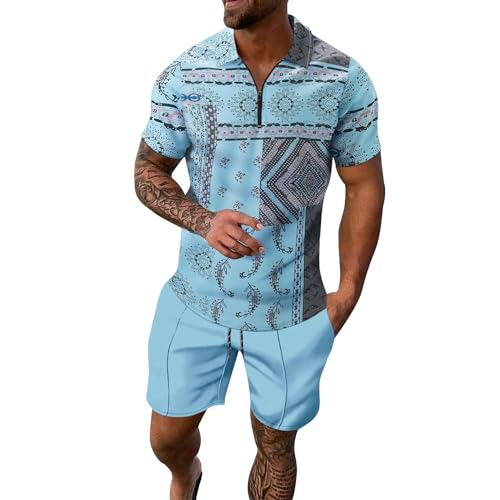 Sport Set Herren 2 Teiliges Sommer Farbblock-hemd Hawaiihemd Strandshorts Kurzarm T-Shirts + Kurze Hose Set Beach Freizeithemden Strand Surf Shorts FüR Urlaub Freizeit Jogginganzug (A-Light Blue, XXL) Sport Set Herren 2 Teiliges Sommer Farbblock-hemd Hawaiihemd Strandshorts Kurzarm T-Shirts + Kurze Hose Set Beach Freizeithemden Strand Surf Shorts FüR Urlaub Freizeit Jogginganzug (A-Light Blue, XXL) von Generisch