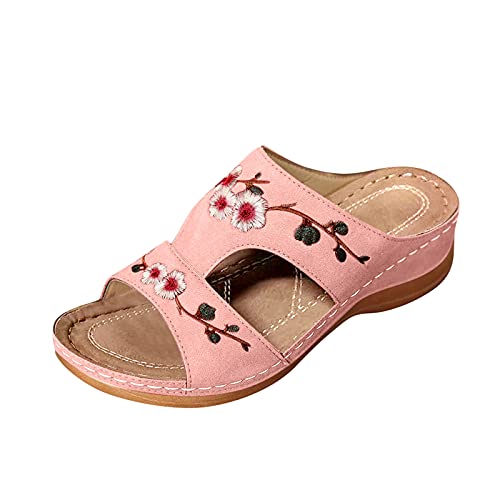 Stickerei Blume Keilabsatz Mode Sandalen Damen Sommer Damenschuhe Damen Slipper Hausschuhe für Frauen Unterstützung, rose, 40 EU von Generisch