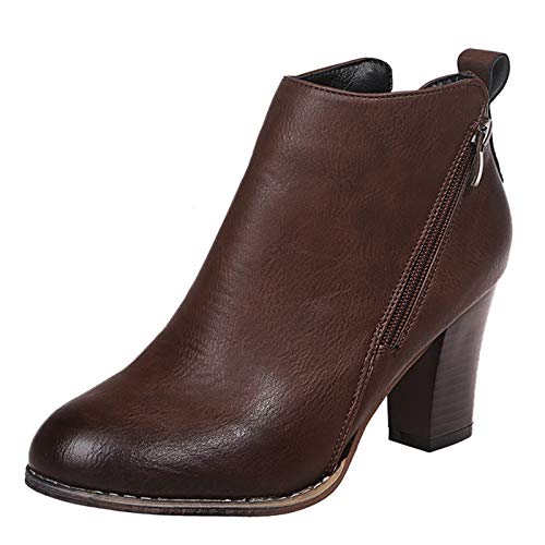 Stiefel für Damen, Absatz, Farbabsatz, Lederspitze, Retro-Reißverschluss, einfarbig, kurze Stiefel, runde Schuhe, Damenstiefel, Winterstiefel, breit, braun, 36.5 EU von Generisch