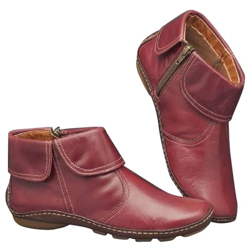 Stiefeletten mit Fußgewölbeunterstützung für Damen, Vintage, Lederstiefel, klassisch, rutschfest, plissiert, flach, Vintage, modisch, runder Reißverschluss, Winterstiefel, Plateausohle, Absatzschuhe, von Generisch