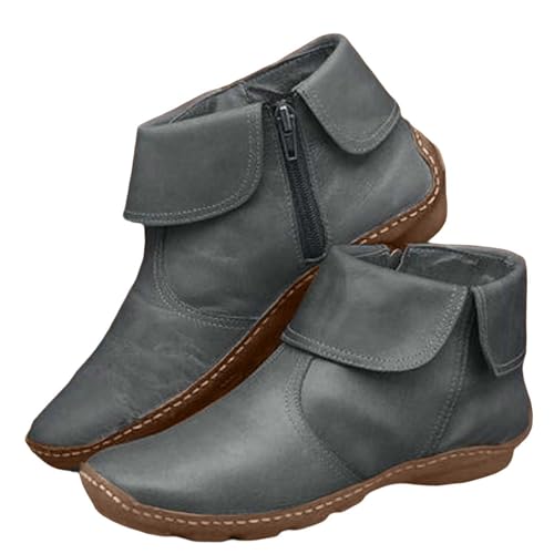 Stiefeletten mit Fußgewölbeunterstützung für Damen, Vintage, Lederstiefel, klassisch, rutschfest, plissiert, flach, Vintage, modisch, runder Reißverschluss, Winterstiefel, Plateausohle, Absatzschuhe, von Generisch