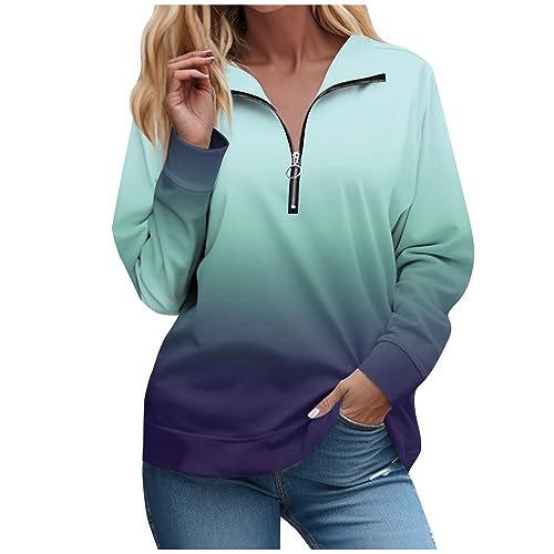 Sweatshirt, Langärmelige Sweatshirts Mit Reißverschluss Für Damen Farbverlauf Druck Grafik Tees Blusen Casual Tops Pullover Pulli Feinstrickpullover Hoddi Strickpullover Baumwolle (XXL, Dark Green) von Generisch