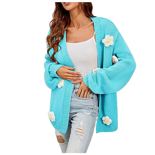 Sweatshirt Damen, Strickjacke Pullover Blumen Druck Mode Cardigan Langarm Strickpullover Lose Sweater Top Pulli Damen Herbst Cachemire Pullover Winter Polover Pullover Sport (XL, Himmelblau) Generisch von Generisch