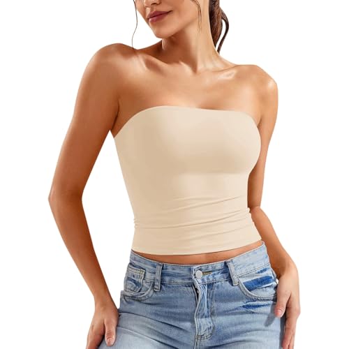 Top, Bandeau Top Damen, Tube Trägerloses Crop Sexy Tank Tops Schulterfreies Y2k Ohne Träger Enge Tops Basic Elegant Sport mit Integriertem BH, Beige, XS Top, Bandeau Top Damen, Tube Trägerloses Crop Sexy Tank Tops Schulterfreies Y2k Ohne Träger Enge Tops Basic Elegant Sport mit Integriertem BH, Beige, XS von Generisch