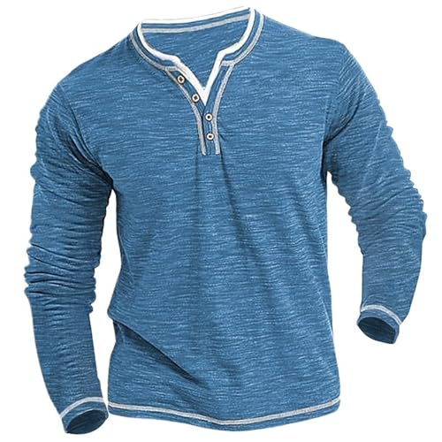 Tops Herren Gelb Farbige Baumwolle, Kleiner V-Ausschnitt, Strickjacke für Herren, lässig, und Winter, langärmelig, bequem, weich, dehnbar, Henley-Shirt, T-Shirt Kleid Schwarz Top (Blue, L) von Generisch