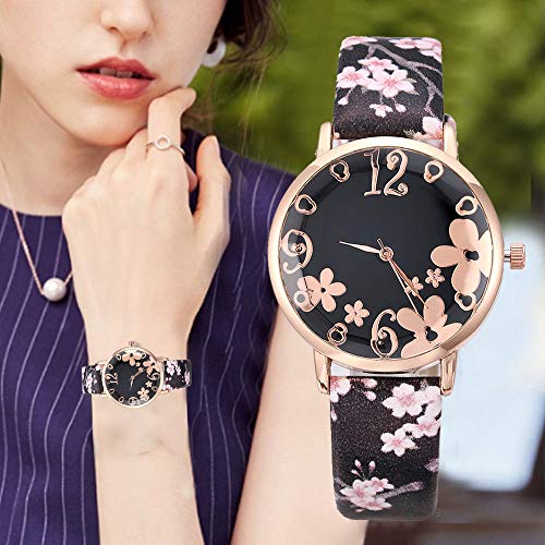 Unisex Analog Quarz Uhr Fashion Belt Fresh Student Geprägte Quarz-Frauen-Uhr Gedruckte Blumen Kleine Damenuhr Kinder Beobachten Schwarz (Black, One Size) von Generisch