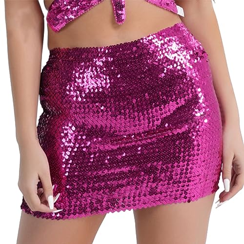 Valentinstag Pailletten Rock Mini Minirock Damenrock Sexy High Waist Pailettenrock Für Damen Schwarz Elegant Festlich Hohe Taille Schwarzer Röcke Mädchen Röck Glitzer Kurze Slim (Hot Pink, One Size) von Generisch