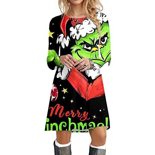 Weihnachtskleid Damen Grinch Weihnachten Kleid Weihnachts Minikleid Lustig Grün Kostüm Festlich Langarm Rundhals Knielang Tunika Tshirt Kleid Shirtkleid Partykleid Elegant Pullover Kleid von Generisch