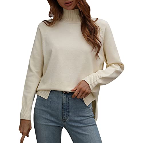 Winterpullover Damen Strickpullover Feinstrick Geschnittene Pullover Rollkragen Oberteil Pulli Strickpulli Damen Pullover Rollkragenpullover Creme Damen Herbst Sweater Sweatshirt Elegant Langarm von Generisch