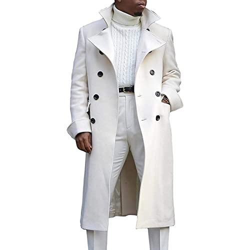 Zweireihiger Langer Trenchcoat für Herren Winter Windbreaker Mantel mit Revers Lässige Schmal Geschnittene Business Erbsenjacke (Weiß,3XL) von Generisch