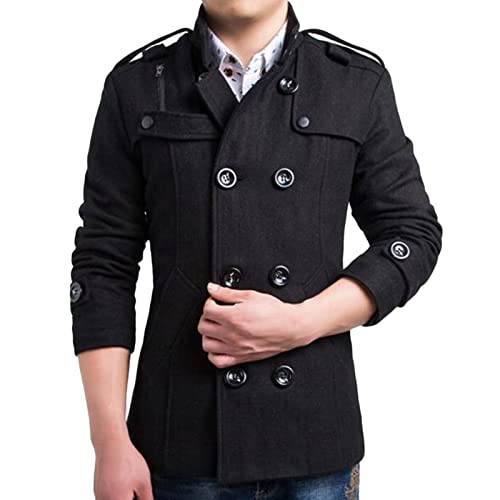 Zweireihiger Winter Trenchcoat für Herren Stilvolle Pea Coats aus Wollmischung mit Stehkragen Schmal Geschnittene Militärmanteljacke (XL,Schwarz) von Generisch