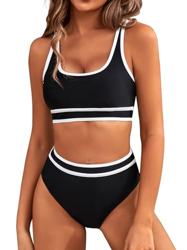 Genfien Bikini-Sets für Damen High Waist Bikini mit Hoher Taille Bademode Bauchkontrolle Bikini Sets Colour-Blocking Push Up Badeanzug von Genfien