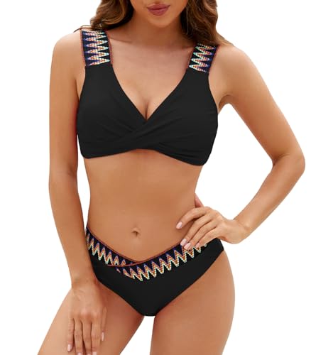 Genfien Damen Bikini Set V Ausschnitt überkreuztes Gepolstertes Bikini Bademode Niedrige Taille V Shorts Zweiteiliger Badeanzug Swimsuit von Genfien