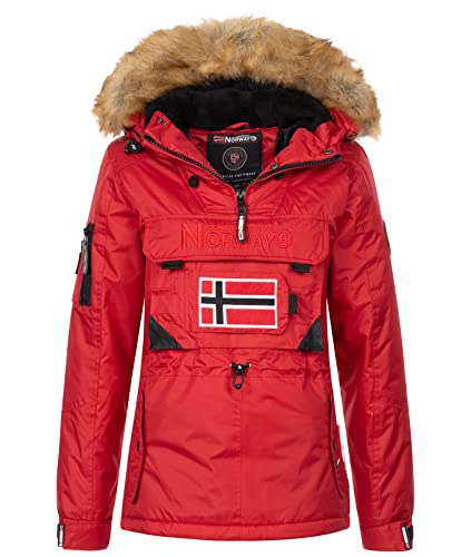 Geographical Norway Bulle Lady - Kopfpass Heiße Frau Herbst Bienenzüchter - Pelzmantel Kapuze - Parka Jacke Windschnitt Kurze Daunenjacke - Ski Fraus (Rot M-Größe 2) von Geographical Norway