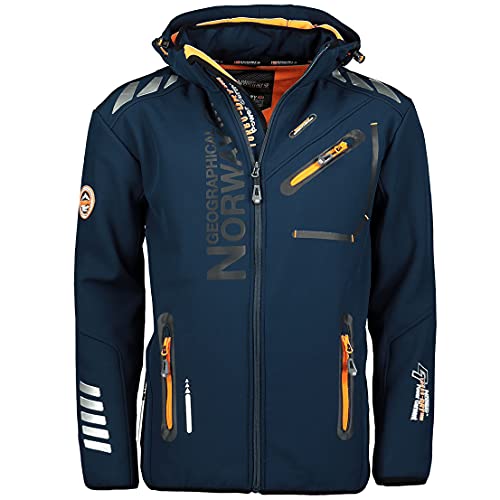 Geographical Norway ROYAUTE Men Softshell Jacke Herren Wasserdicht Jacke mit Kapuze Outdoor Windjacke Taktische Jacke Brandiing- Production (Medium, Navy/Orange) von Geographical Norway