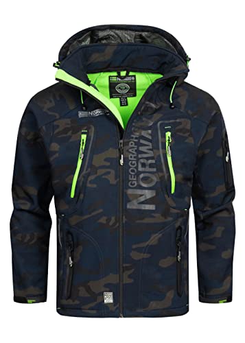 Geographical Norway Techno Men Softshell Jacke Herren Wasserdicht Jacke mit Kapuze Outdoor Windjacke Taktische Jacke Winter ideal für Aktivitäten im Freien (Camo Marineblau/Grün XL) von Geographical Norway