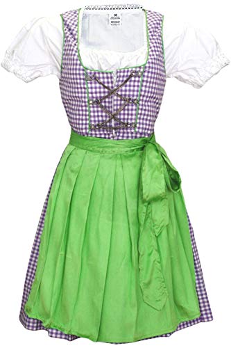 3-teiliges Midi-Dirndl-Set Dirndel Dirndlbluse Dirndlschürze, Größe:40, Farbe:Lila von German Wear