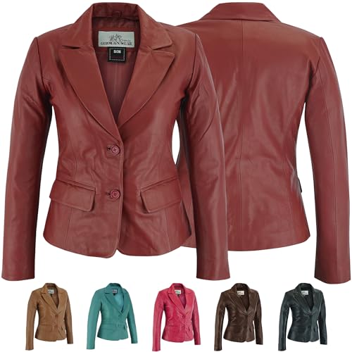 German Wear Damen Lederblazer Lederjacke Blazer Echtleder Jacke aus Lammnappa Leder 42/XL, Weinrot von German Wear