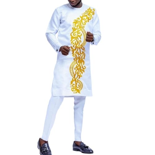 Gerrit Afrikanische Anzüge für Männer Langarm-Trainingsanzug Dashiki-Shirt und Hose Slim-Fit Formelle Outfits Traditionelles 2-teiliges Set Mode Kleidungsanzug (Color : White, Size : L) von Gerrit