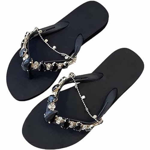 Gerrit Strass-Ketten-Flip-Flops, flache, mit Strasssteinen besetzte Sandalen, böhmische, lässige Flip-Flops mit Clip-Zehe für den Sommer-Strandurlaub (38,black) von Gerrit