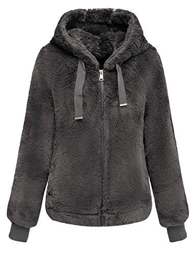 Geschallino Damen Fleecemantel aus Kunstpelz Warme Flauschige zottelige Shearling Kurzjacke mit Kapuze 1712014 Grau XXL von Geschallino