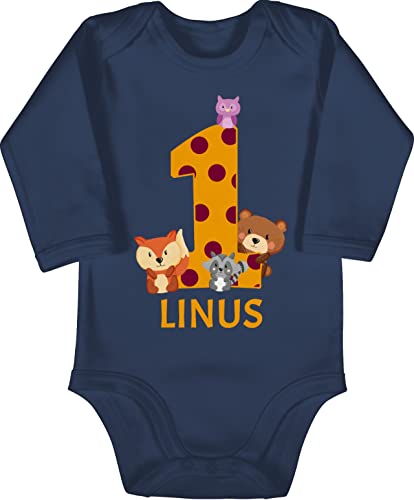 Baby Body langarm Mädchen Junge - 1. Geburtstag - Waldtiere - 1 Jahr - 12/18 Monate - Navy Blau - zum einjährigen ehretag bodys outfit 1jahriger jungen für 1-jährigen langarmshirt one years old von Geschenk mit Namen personalisiert by Shirtracer