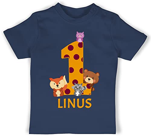 Baby T-Shirt Mädchen Jungen - 1. Geburtstag - Waldtiere - 1 Jahr - 12/18 Monate - Navy Blau - Oberteil Outfit geburtstagsshirt für einjährigen Shirts Babygeschenk Tshirt one Years Old t von Geschenk mit Namen personalisiert by Shirtracer