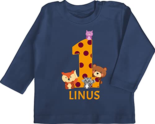 Baby Langarmshirt - 1. Geburtstag - Waldtiere - 1 Jahr - 12/18 Monate - Navy Blau - First Birthday Outfit Boy ich Bin Schon eins Teddy Shirts fã¼r Baby-Jungen geburtstagsshirt one Maedchen von Geschenk mit Namen personalisiert by Shirtracer