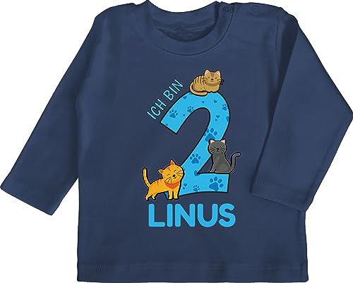 Baby Langarmshirt - 2. Geburtstag - Ich Bin 2 - Name und lustige Katzen Bilder zum Zweiten - 18/24 Monate - Navy Blau - geburtstagsshirt Jahre mädchen Langarm Outfit 2ter jetzt Shirts Junge von Geschenk mit Namen personalisiert by Shirtracer