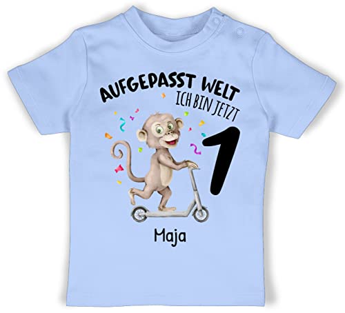 Baby T-Shirt Mädchen Jungen - 1. Geburtstag - Aufgepasst Welt - Ich Bin jetzt 1 - AFFE mit Name zum Ersten - 12/18 Monate - Babyblau - für einjährigen t Shirt erster 1-jährigen Jahr von Geschenk mit Namen personalisiert by Shirtracer