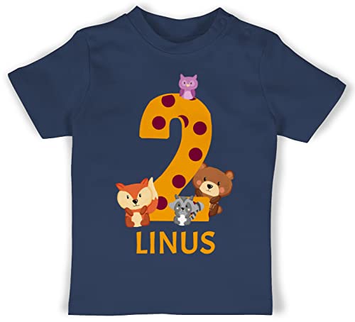 Baby T-Shirt Mädchen Jungen - 2. Geburtstag - Waldtiere - Bär Waschbär Fuchs Eule zum Zweiten - 18/24 Monate - Navy Blau - Tshirt geburtstagsshirt 2 Jahre t Shirt zweijähriger Babykleidung Name von Geschenk mit Namen personalisiert by Shirtracer