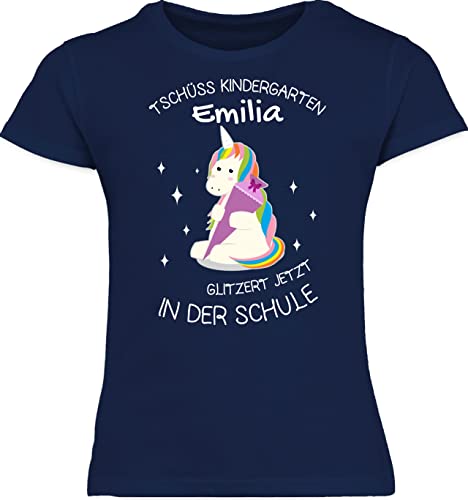 T-Shirt Mädchen Schulkind - Einschulung - Einhorn Tschüss Kindergarten Schultüte Lila - 128 (7/8 Jahre) - Navy Blau - schulanfänger Schulstart t Shirt Schulanfang Outfit 1.Schultag von Geschenk mit Namen personalisiert by Shirtracer