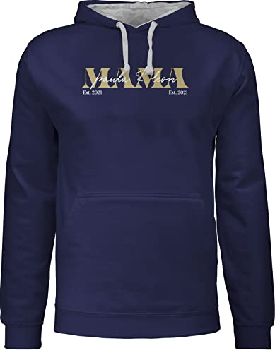 Pullover Herren Frauen Hoodie Kontrast zweifarbig - Mama Geschenk mit Namen Kinder Datum Geburtsjahr Muttertagsgeschenk Mutti seit - M - Navy Blau/Grau meliert - mütter muttertaggeschenke von Geschenk mit Namen personalisiert by Shirtracer