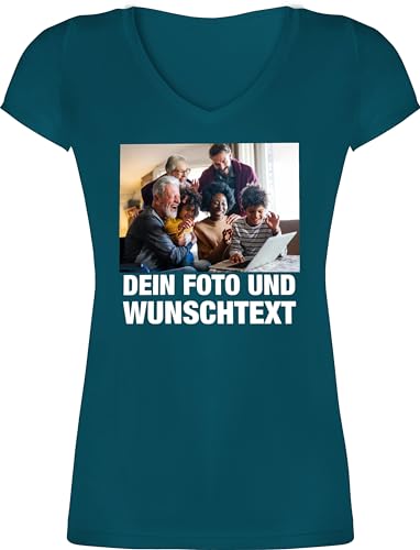 T-Shirt Damen V Ausschnitt - Mit Bild eigenem Foto Name Text Wunschtext - XL - Türkis - Fotos selber gemacht Bedrucken DIY bildern und Schrift zum selbst beschriften wo Man Bilder einfügen kann von Geschenk mit Namen personalisiert by Shirtracer