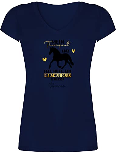 T-Shirt Damen V Ausschnitt - Pferd Pferde - Mein Therapeut hat Fell, Hufe und EIN Herz aus Gold - L - Dunkelblau - Name personalisierte mädchen Frauen selbst gestalten Sachen für Reiter von Geschenk mit Namen personalisiert by Shirtracer