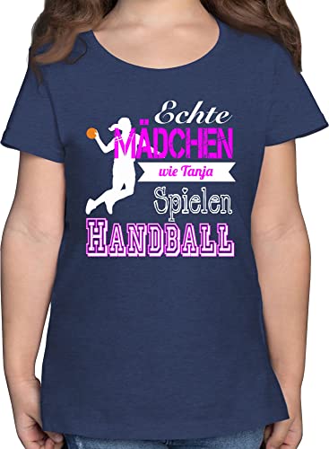 T-Shirt - Geschenke Kinder - Echte Mädchen Spielen Handball - mit Name - 128 (7/8 Jahre) - Dunkelblau Meliert - Spieler Handballerin Handballer Tshirt mädels sprüche zubehör t Shirt für von Geschenk mit Namen personalisiert by Shirtracer