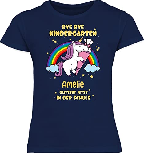 T-Shirt Mädchen Schulkind - Einschulung - Bye Bye Kindergarten Abschluss Einhorn - 128 (7/8 Jahre) - Navy Blau - Tshirt First Day of School Schulanfang Shirt t Outfit 1.Schultag schulanfänger von Geschenk mit Namen personalisiert by Shirtracer