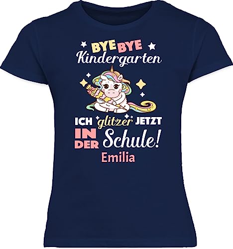 T-Shirt Mädchen Schulkind - Einschulung - Bye Bye Kindergarten - Einhorn - 128 (7/8 Jahre) - Navy Blau - personalisiertes Schulanfang Tshirt einschulungsshirt schulkinder t Shirt einschulungsshirts von Geschenk mit Namen personalisiert by Shirtracer