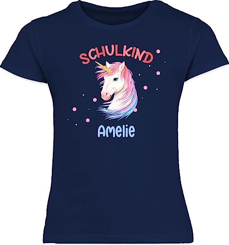 T-Shirt Mädchen - Einschulung - Einhorn Unicorn Schulkind - 128 (7/8 Jahre) - Navy Blau - Tshirt Shirt zum Schulanfang Einschulung-Schulkind t-Shirts Outfit 1.Schultag schulkinder Shirts von Geschenk mit Namen personalisiert by Shirtracer