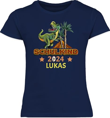 T-Shirt Mädchen - Einschulung - Schulkind 2024 T-Rex Dino Dinosaurier - 128 (7/8 Jahre) - Navy Blau - Tshirt First Day of School Schulanfang Schule Shirt Outfit 1.Schultag schulanfänger endlich von Geschenk mit Namen personalisiert by Shirtracer