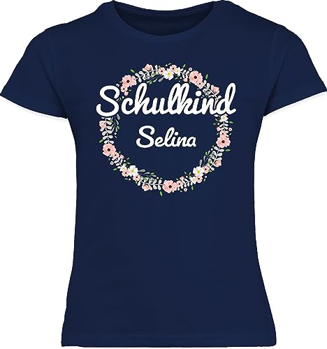 T-Shirt Mädchen - Einschulung - Schulkind Blumenkranz mit Name - 128 (7/8 Jahre) - Navy Blau - Tshirt First Day of School schulanfänger Shirt Kinder einschulungst-Shirt Kita Schule t Shirts von Geschenk mit Namen personalisiert by Shirtracer