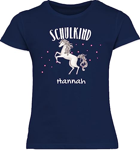 T-Shirt Mädchen - Einschulung - Schulkind Pferd Pferdemädchen Schulanfang - 128 (7/8 Jahre) - Navy Blau - schulkinder Pferde Shirt Tshirt Outfit 1.Schultag Einschulung-Schulkind Shirts Einhorn von Geschenk mit Namen personalisiert by Shirtracer