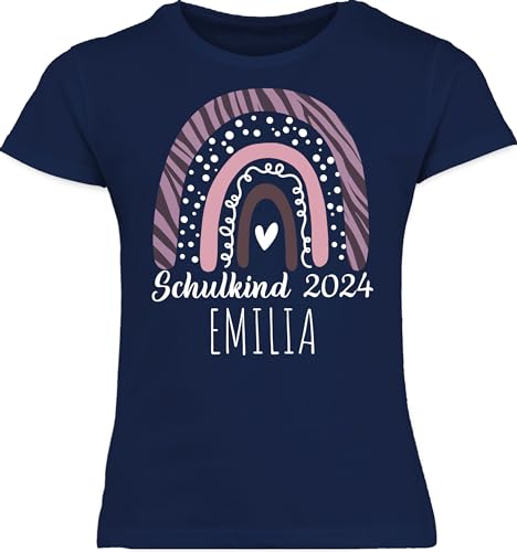 T-Shirt Mädchen - Einschulung - Zebra Leo Muster Regenbogen Schulkind 2024 Weiss mit Namen - 128 (7/8 Jahre) - Navy Blau - schulkinder t Shirt Kindergarten abschluss Tshirt schul Shirts von Geschenk mit Namen personalisiert by Shirtracer