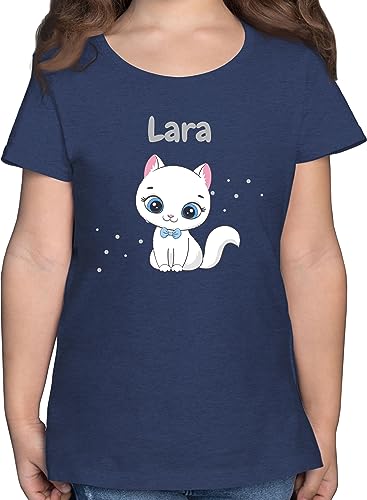 T-Shirt Mädchen - Süße Katze Katzen Katzenmotiv Cat Cats - 128 (7/8 Jahre) - Dunkelblau Meliert - katzenliebhaberin Tshirt Kinder personalisierte Geschenke Shirt Katzenliebhaber von Geschenk mit Namen personalisiert by Shirtracer